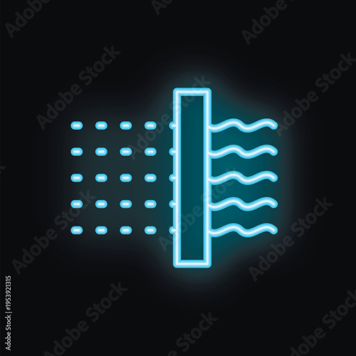 Blue neon icon of a semipermeable membrane allowing water molecules to pass through