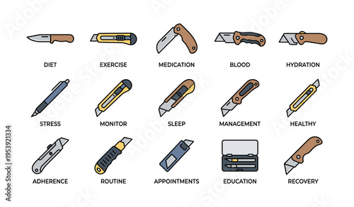 Various utility knives and tools icon set with labels for daily tasks and health management