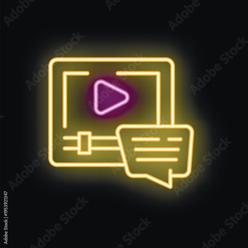 Neon sign illustrating video player interface with comment section on black background