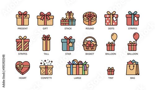 Colorful gift icons set featuring boxes, balloons, and bags with various decorations