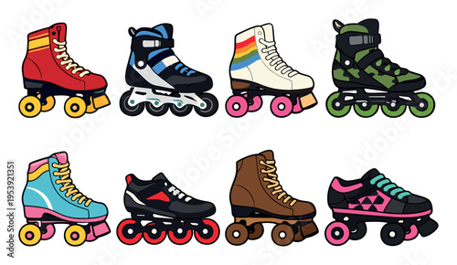 Variety of colorful roller skates and inline skates showing fun designs, activity, speed, and vintage and modern styles