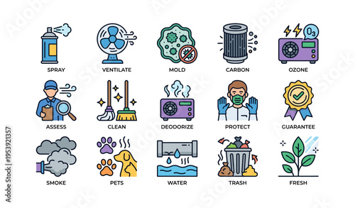 Air quality maintenance: ventilation, mold removal, deodorizing, protection, and freshness icons