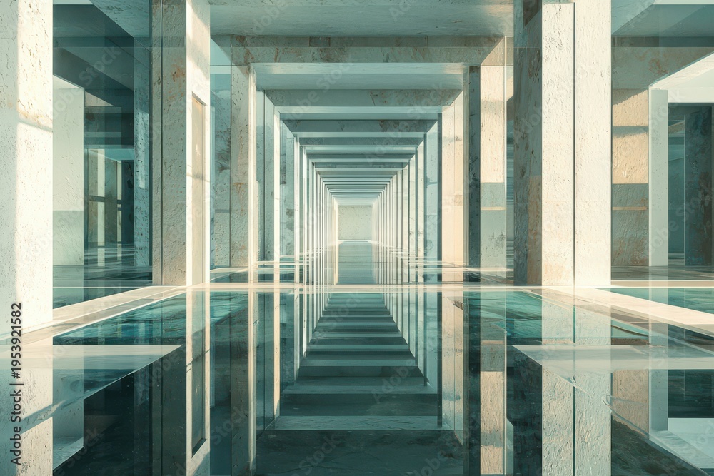 Fototapeta premium Futuristic Concrete Hallway with Reflective Floor