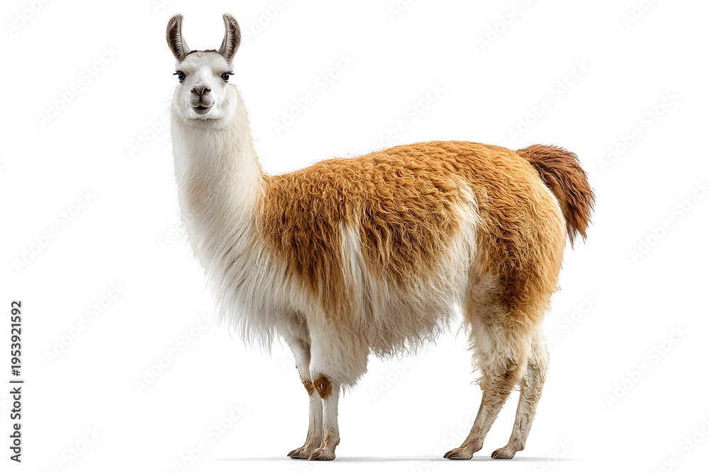 Fototapeta premium A llama stands facing forward on a white background