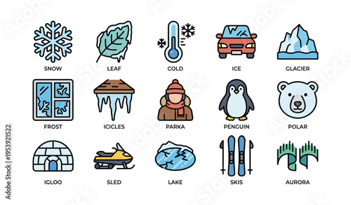 Winter icons collection: snow, leaf, cold, ice, glacier, frost, icicles, parka, penguin