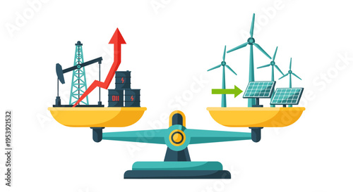 Renewable Energy vs Fossil Fuel Comparison on Balance Scale Illustration