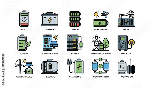 Energy and power icons: renewable systems, infrastructure, and battery management