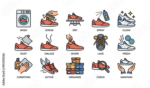 Shoe care icons: washing, scrubbing, drying, unlacing, organizing, maintenance tips