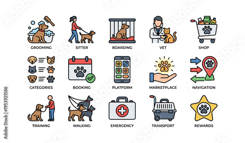 Icon set of pet care services including grooming, vet, and training