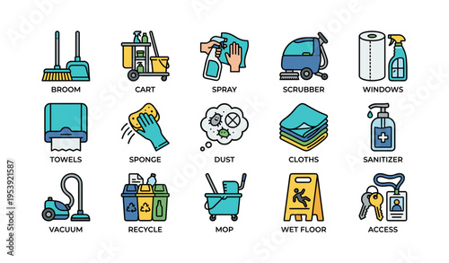 Colorful cleaning supplies icons: broom, spray, scrubber, towels, recycle bins