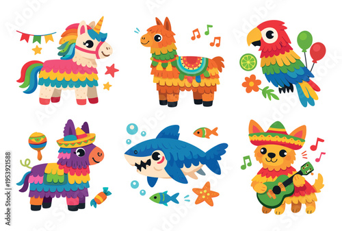 Cartoon characters featuring colorful piñata designs, a unicorn, llama, dog, donkey, parrot, and shark for children's parties