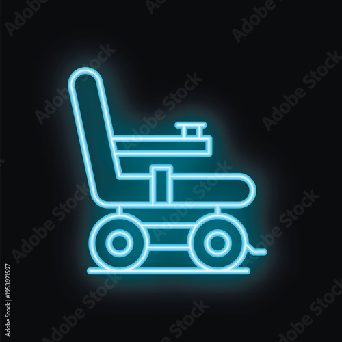 Blue neon sign representing an electric wheelchair for disabled people with special needs, on a black background