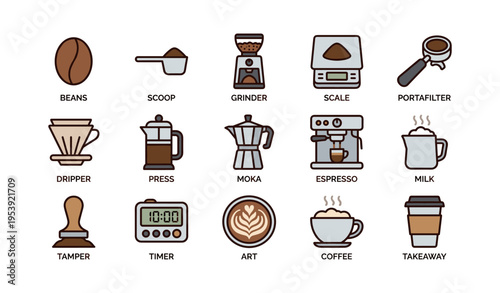 Coffee icons set featuring grinder, scale, espresso, and takeaway cup graphics