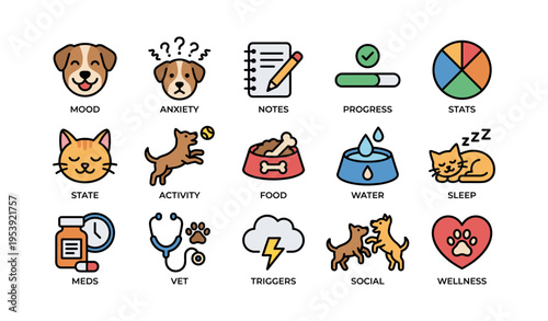 Colorful icons depicting pet care concepts such as mood, anxiety, and wellness