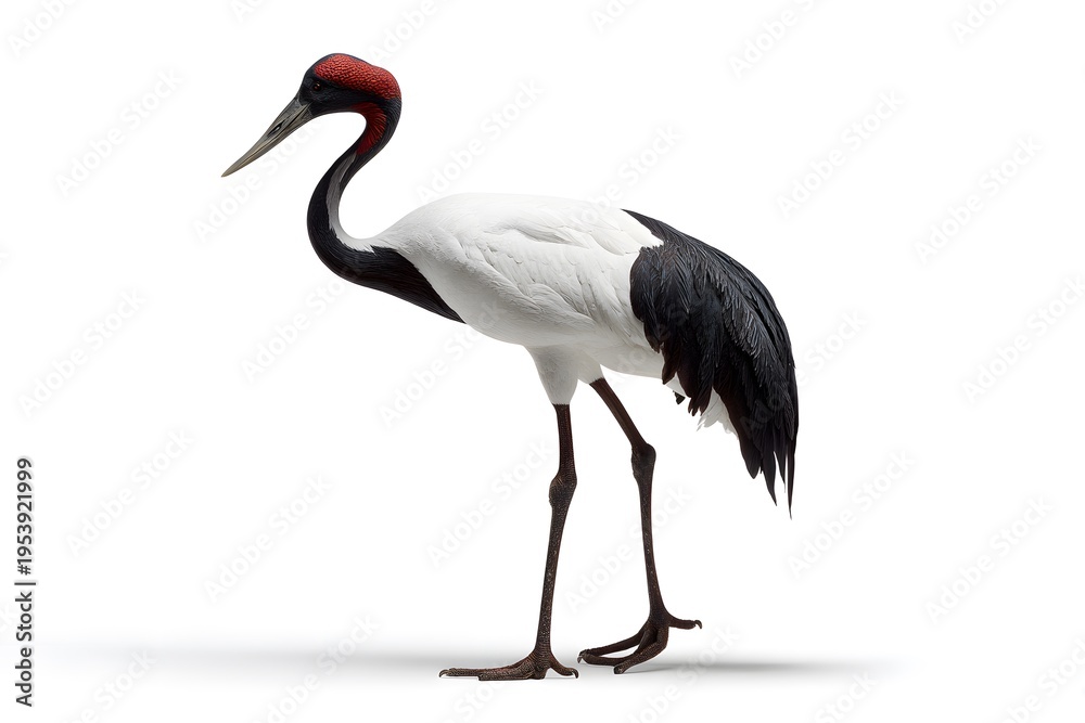 Naklejka premium A graceful crane with a red crown stands on white