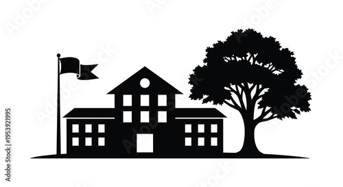 Fotografía A simple black silhouette depicts a school building with a flag and a large tree
