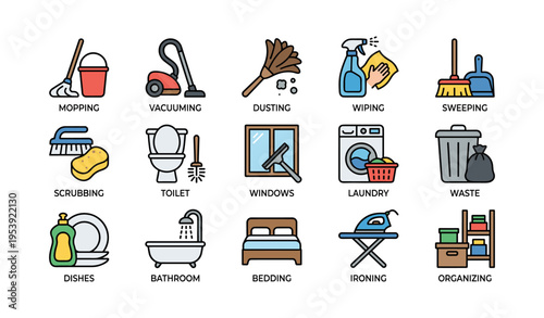 Household chores icon set featuring cleaning and tidying activities