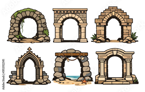 Assortment of various stone arch designs, showcasing historic remnants, aged entryways, and ornate gate structures with intricate textures