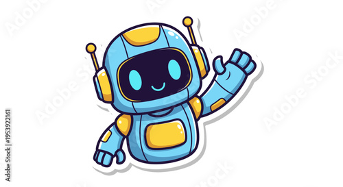 Cute Blue Robot Waving Hello, Friendly AI Character, Cartoon Style