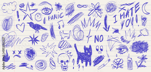 Scribble doodle elements for print, stickers. Handwritten love, mad, irritation, anger doodles. Rough emotional hand drawn blue ball pen sketch grunge illustrations. Chaotic freehand pencil drawings.