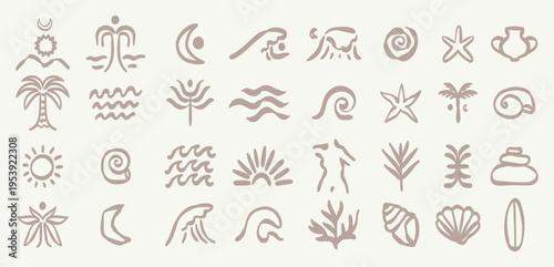 Boho summer set. Naive spiritual geometric palm tree, sun, sea, waves and corals emblem. Tropical abstract surf prints, summer beach label, naive vignetting silhouette. Hand drawn vector illustration.