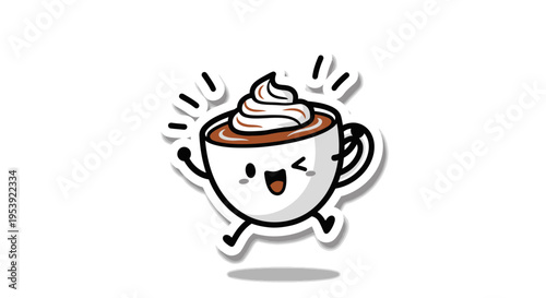 Cute Kawaii Hot Chocolate Cup with Whipped Cream, Winking and Jumping
