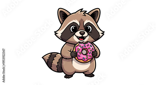 Cute Raccoon Character Eating Pink Donut, Cartoon Style