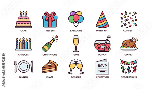 Colorful party icons including cake, gift, balloons, hat, confetti, champagne, and dinner