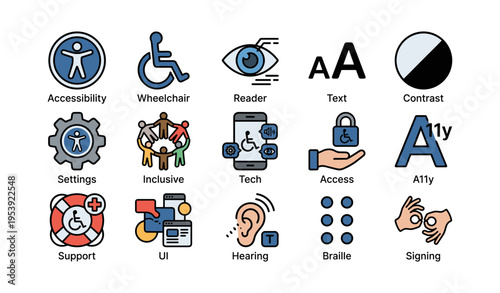 Accessibility icons for disability inclusion: wheelchair, braille, hearing, signing, tech