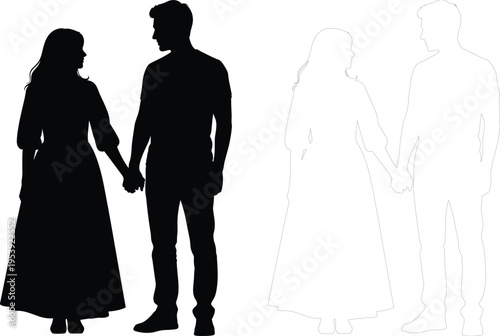 Couple Walking Hand in Hand Silhouette Man and Woman Love Relationship Togetherness Vector Illustration Black and Outline Isolated on White