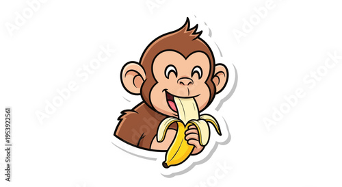 Cute Monkey Eating Banana Cartoon Sticker