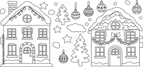 Christmas House Coloring Page Illustration with Winter Holiday Scene, Snow Covered Homes, Trees, Ornaments, and Festive Printable Activity for Kids Vector Design