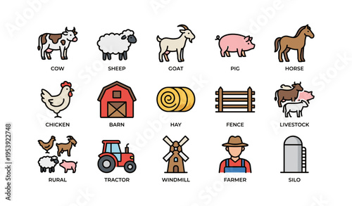 Farm animals and equipment icons: cow, sheep, goat, pig, horse, chicken, tractor, barn