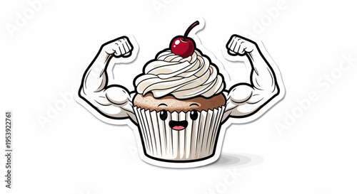 Funny Muscular Cupcake Character flexes biceps, healthy eating concept