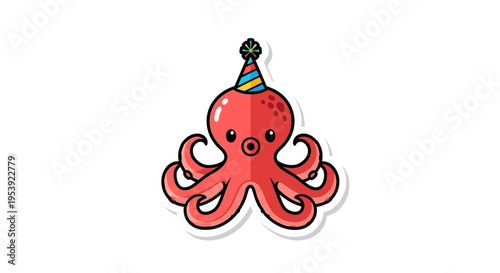 Cute Octopus Wearing Party Hat, Cartoon Style, Isolated on White Background