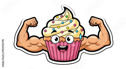 Funny Muscular Cupcake Flexing Biceps, Healthy Treat Concept
