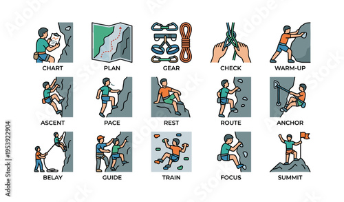 Climbing techniques and preparation icons: gear, safety, training, ascent, focus