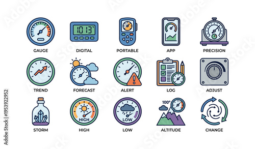 Weather monitoring instruments and icons collection for forecasting and climate analysis