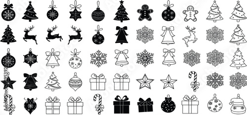 Christmas Icon Set with Holiday Ornaments, Trees, Snowflakes, Gifts, Reindeer, Bells, Candy Canes, and Festive Decorative Symbols Black and White Vector Collection