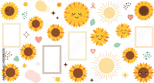 Cute sunflower elements and frames collection with smiling flowers, decorative shapes and summer icons, floral flat vector illustration set