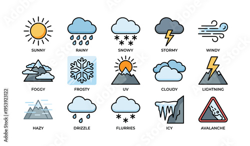 Weather icons: sunny, rainy, snowy, stormy, windy, foggy, frosty, cloudy, lightning