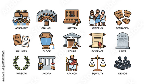 Ancient greek democracy icons: assembly, council, citizens, court, laws, equality