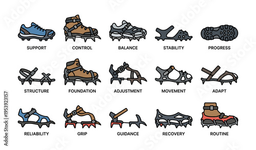 Variety of footwear crampons for hiking and climbing activities