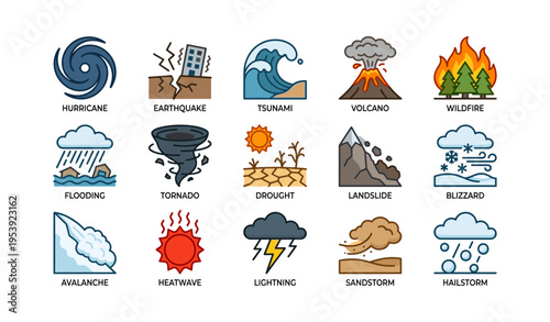 Natural disaster icons set featuring hurricane, earthquake, tsunami, volcano, wildfire, and more