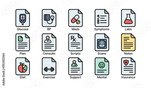 Medical icons set: glucose, meds, labs, exercise, diet, support