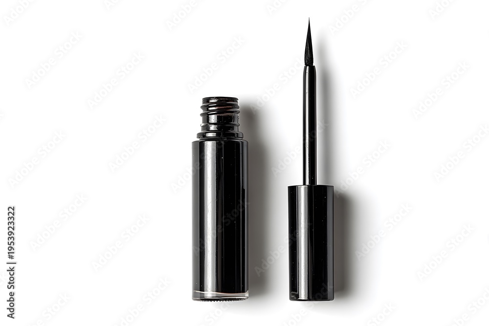 Obraz premium Black liquid eyeliner and applicator brush on white background