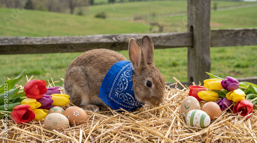 Real rabbit wearing blue bandana on farm with Easter eggs and tulips for spring holiday celebration designs