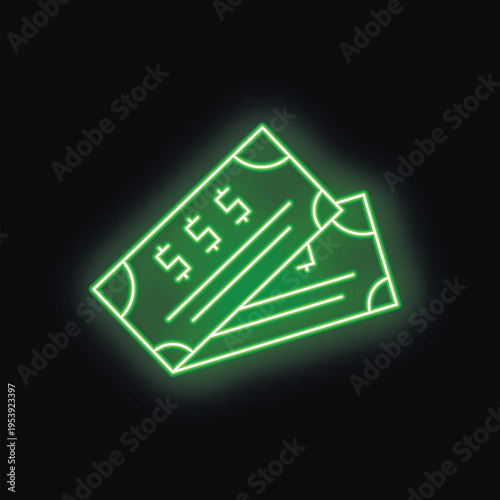 Glowing neon green icon of two paper bills with dollar signs on a black background