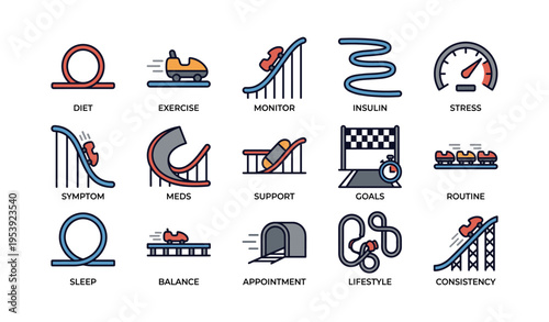 Diabetes management icons set featuring diet, exercise, monitoring, and lifestyle balance