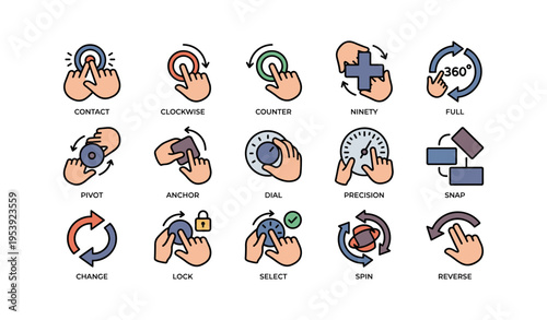 Hand gestures for interface control icons: rotate, swipe, lock, select, spin